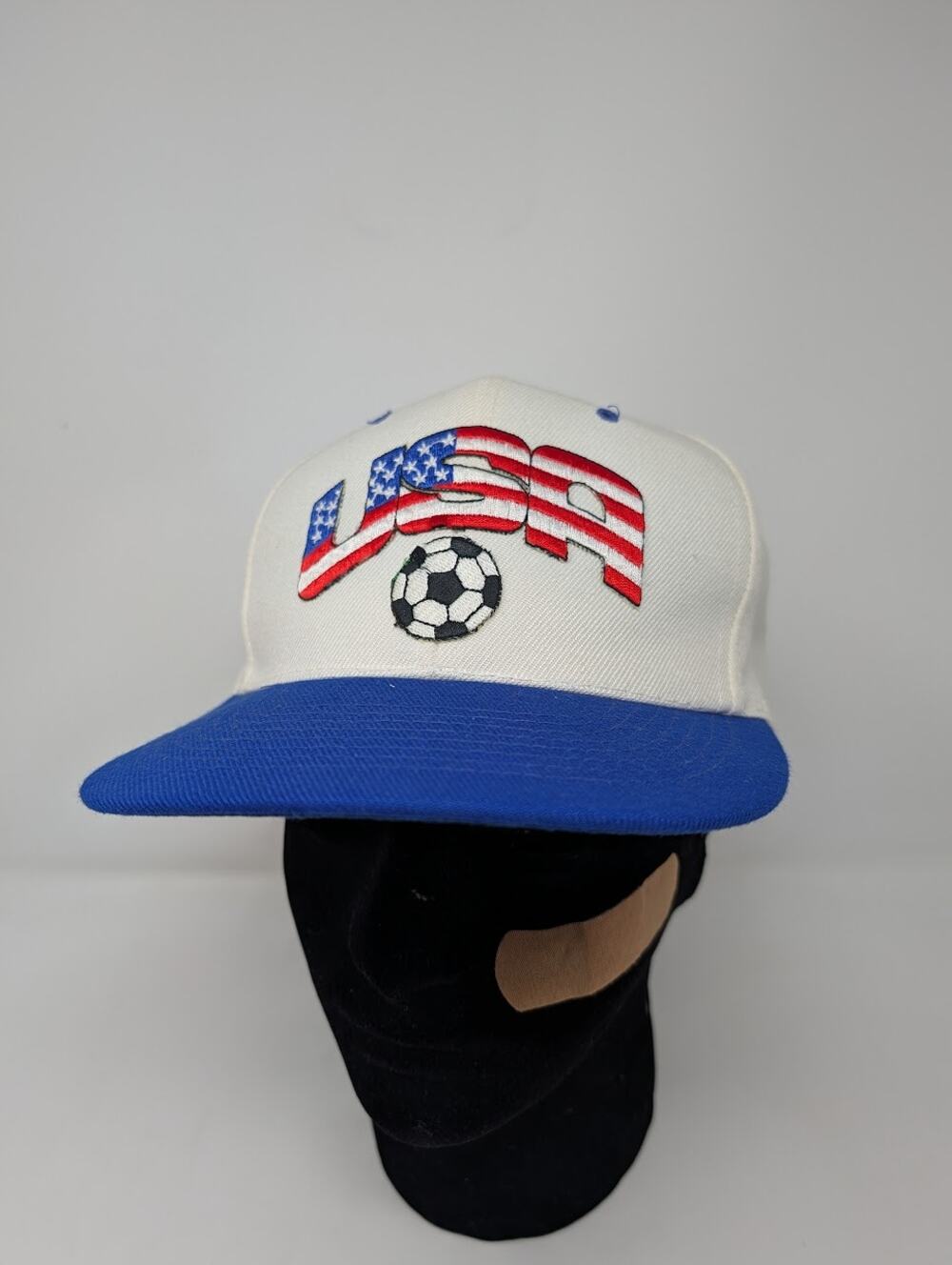 Vintage World Cup USA Soccer USMNT Flag Snapback Hat White/Blue Nissin Cap